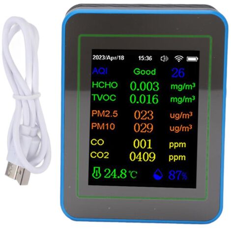 Compteur de qualité de l'air 12 en 1, WiFi, CO2 TVOC HCHO, détection intelligente de la température et de l'humidité en intérieur, alimenté par batterie, avec affichage de l'heure, noir + bleu