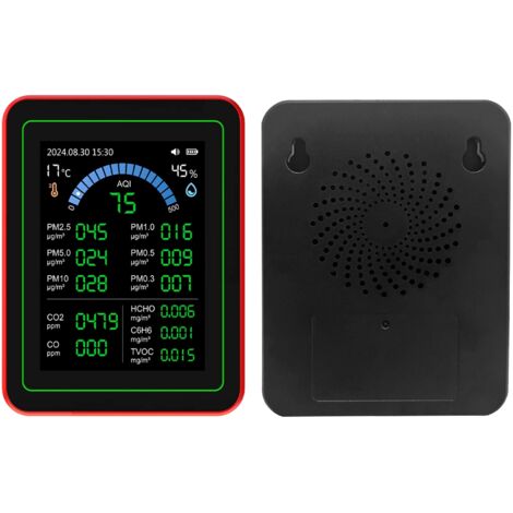 Compteur de qualité de l'air 18 en 1, CO2 TVOC HCHO PM2.5 PM10, testeur de détection de température et d'humidité, stockage de données alimenté par batterie en intérieur, noir