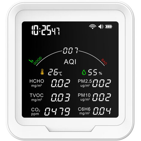 Compteur de qualité de l'air portable HCHO/TVOC/CO2/PM2.5/PM10/AQI/C6H6 Testeur de température et d'humidité Détecteur de dioxyde de carbone grand écran de 4,8 pouces avec affichage de l'heure Fonctio