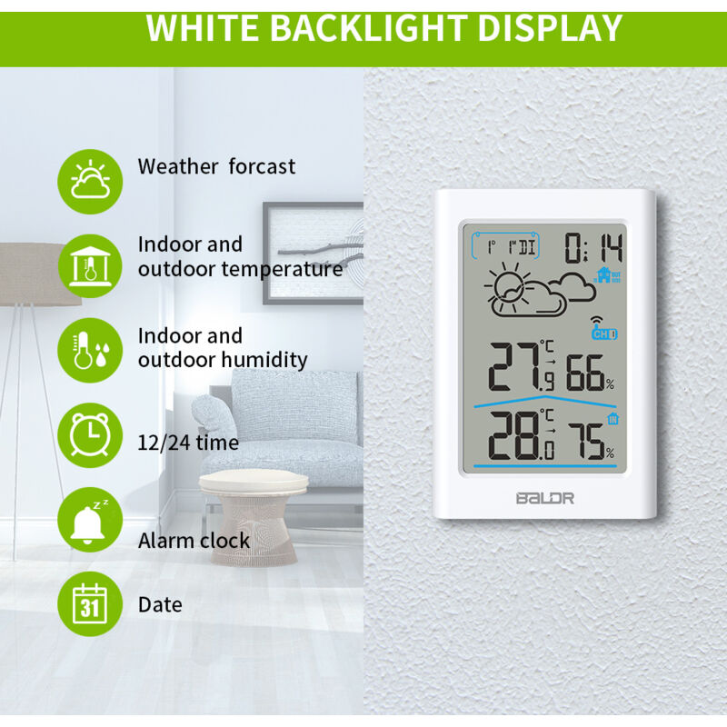 Rapanda - Compteur de température et d'humidité intérieure et extérieure, station météo sans fil, grand écran lcd, prévisions météorologiques, réveil