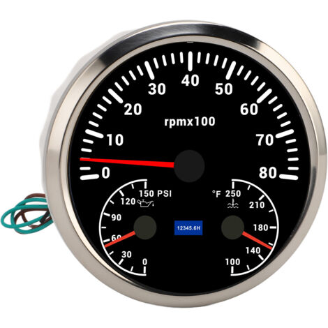 Compteur de vitesse 3 en 1 Tachymètre 8 000 tr/min 0 à 150 PSI Pression d'huile 100 250 ℉ Température de l'eau Rétroéclairage 7 couleurs 110 mm 4-3/8 pouces pour RV Yacht Truck Cadran noir Lunette arg