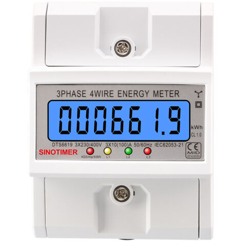 Compteur d'électricité domestique à écran LCD rétroéclairé triphasé avec rail de montage, affichage de la consommation en kWh, 100 A, 3230/400 V CA, boîtier blanc, modèle DTS6619-018