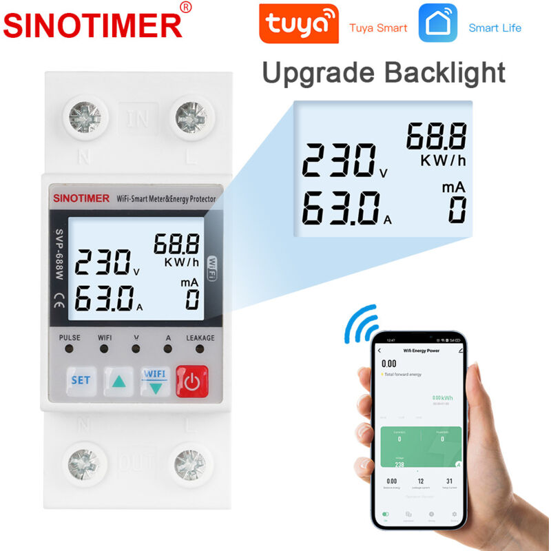 Compteur d'énergie Intelligent WiFi AC 63A 80-300V Fuite Terre Intelligente sur sous Tension Protecteur Relais Dispositif Interrupteur disjoncteur