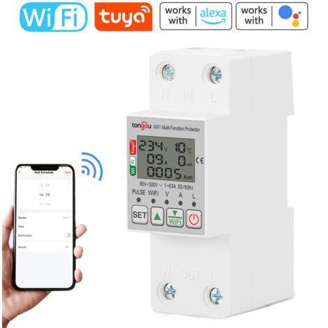 LIFCAUSAL Compteur d'énergie intelligent WiFi Tongou Tuya avec mesure de la tension d'alimentation, surveillance de l'électricité, protection contre les fuites 63 A AC85-300 V avec écran LCD