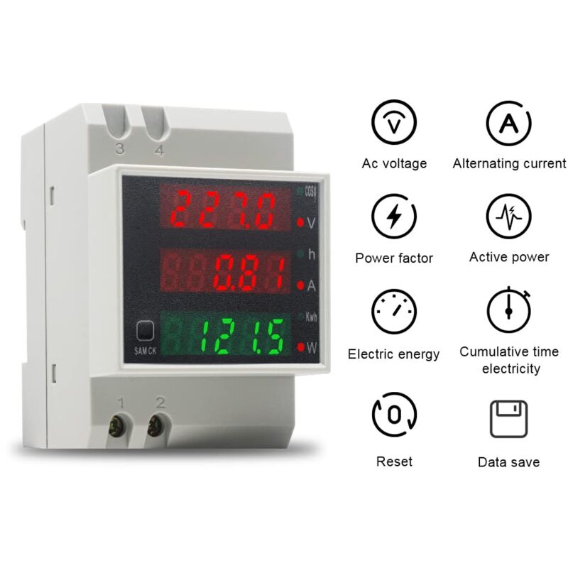 Compteur d'énergie monophasé Voltmètre Ampèremètre DIN AC80-300V 100A, Compteur d'électrique 1 phasé LCD Wattmètre Compteur intermédiaire Tension