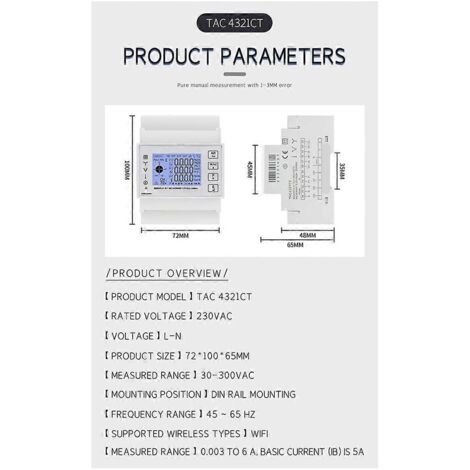 Compteur d'énergie multifonctions TAC4321CT triphasé sur rail DIN WiFi Tuya