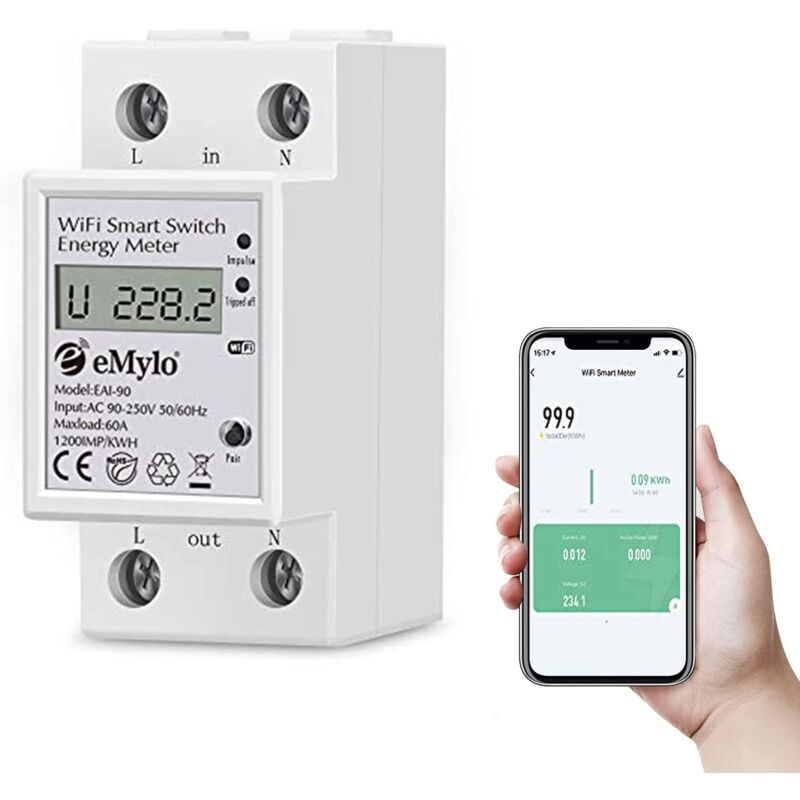 Compteur d'Énergie Numérique Monophasé - 60A - 90-250V AC - WiFi - Rail DIN - Électronique