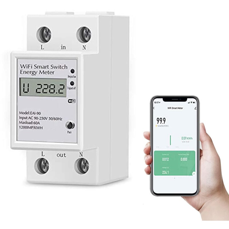 Compteur d'Énergie Numérique Monophasé ac 63A 220V WiFi Compteur électrique Monophase Wattmètre à Rail din Mesure Consommation Electrique,