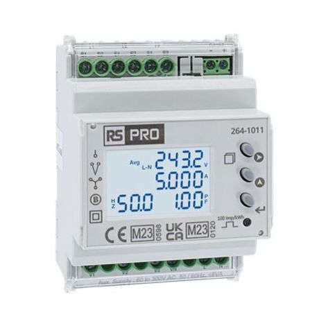 Compteur d'énergie RS PRO, mono/triphasé , 415 (Phase) V ac, 240 (Phase and Neutral) V ac, 6A, 63Hz, Modbus RS485, 3 x ( Prix pour 1 )