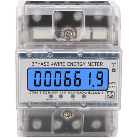 Compteur d'Énergie Triphasé 4 Fils 10‑100A, Affichage LCD Rétroéclairé, Installation sur Rail DIN, 230/400V AC