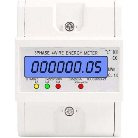 Compteur d’énergie triphasé 4 fils, 220/380 V, 5–80 A, affichage LCD rétroéclairé, montage sur rail DIN, mesure précise en kWh – Compteur numérique pour installation électrique professionnelle