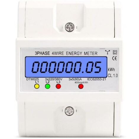 Compteur d'énergie triphasé à 4 fils 220/380V 5-80A Consommation d'énergie Compteur kWh Installation sur rail DIN Compteur d'énergie électrique numérique avec écran LCD rétroéclairé Blanc