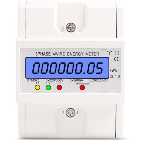 Compteur d'énergie triphasé à 4 fils 220/380V 5-80A Consommation d'énergie Compteur kWh Installation sur rail DIN Compteur d'énergie électrique numérique avec écran LCD rétroéclairé Blanc