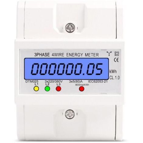 Compteur d'énergie triphasé à 4 fils 220/380V 5-80A Consommation d'énergie Compteur kWh Installation sur rail DIN Compteur d'énergie électrique numérique avec écran LCD rétroéclairé Blanc