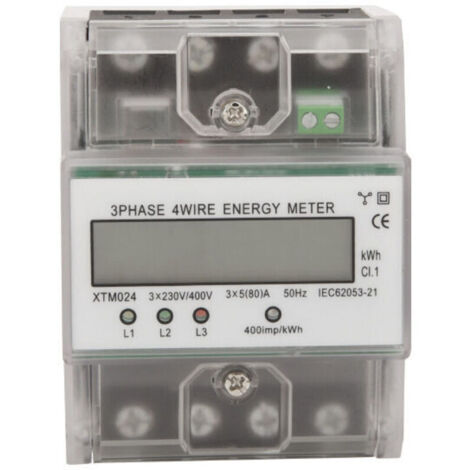 Compteur d'energie triphase a 4 fils 220/380V 5-80A Consommation d'energie kWh Compteur Installation sur rail DIN Compteur electrique numerique avec ecran LCD retro-eclaire, modele: Transparent