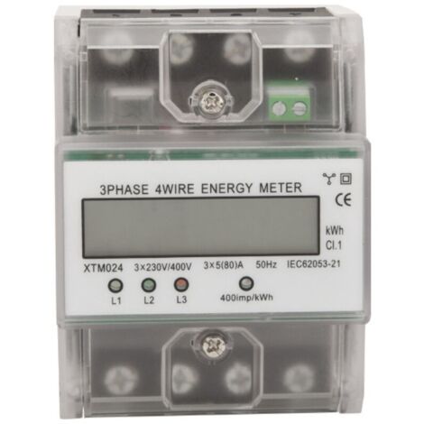 Compteur d'energie triphase a 4 fils 220/380V 5-80A Consommation d'energie kWh Compteur Installation sur rail DIN Compteur electrique numerique avec ecran LCD retro-eclaire. modele: Transparent