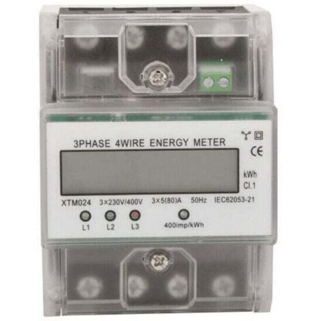 Compteur d'energie triphase a 4 fils 220/380V 5-80A Consommation d'energie kWh Compteur Installation sur rail DIN Compteur electrique numerique avec ecran LCD retro-eclaire, modele: Transparent