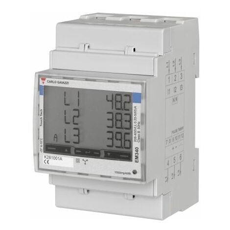 Compteur d'énergie triphasé EM340 – Affichage LCD 8 chiffres – Pour systèmes industriels – Tension 400V – Indice de sécurité CAT III – Carlo Gavazzi