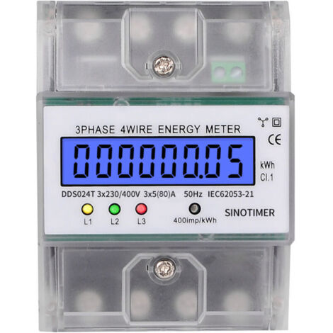 Compteur d’énergie triphasé sur rail DIN – Modèle DDS024, affichage rétroéclairé, 380–400 V, 5–80 A, connexion directe 4P