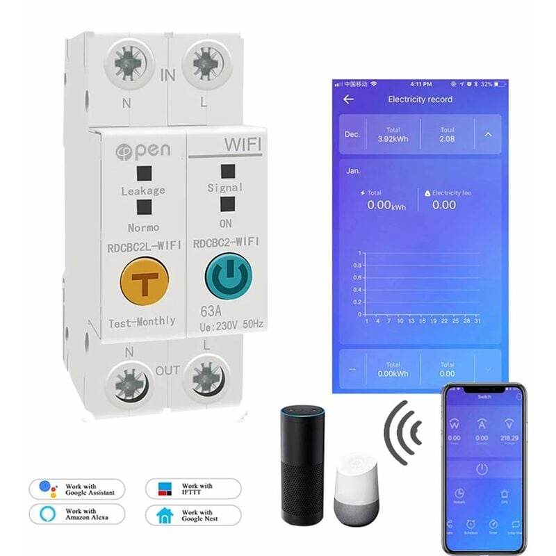 Compteur d'Énergie WiFi - 2P 63A - Rail din - Intelligent - Consommation kWh - Interrupteur Disjoncteur