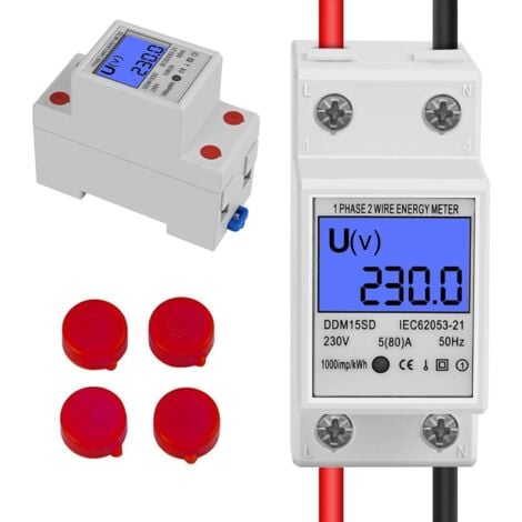 RQIURPN Compteur Électrique Monophasé, Compteur d'Alimentation Numérique avec Écran LCD, 5(80) A 230V 50Hz Compteur d'Énergie Électrique Numérique Compteur Electrique 1 Phasé 2 Pôles 2P Rail DIN