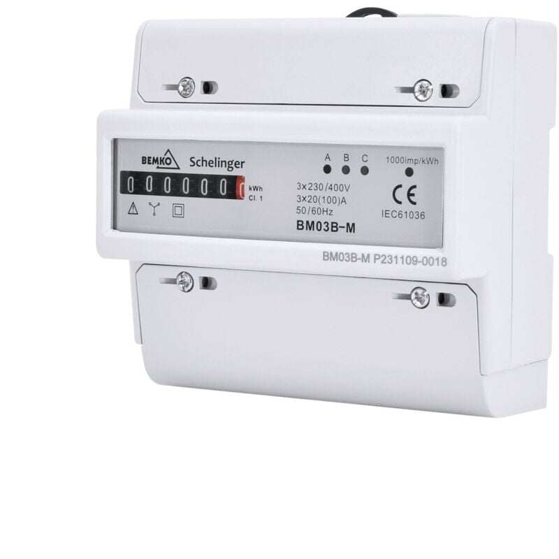 Compteur électrique triphasé - 20A (100A) - Mécanique - Rail din - IP20