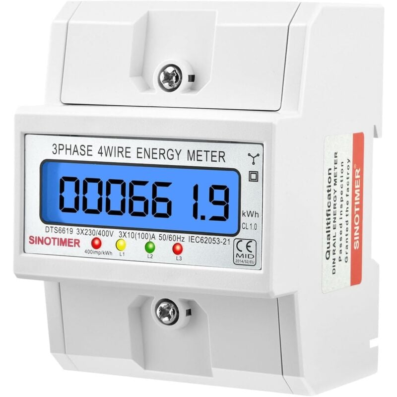 Compteur électrique triphasé à 4 fils, compteur electrique consommation, Certifié MID - 3 x 230v/400v, 50/60hz, 3 x 10(100) A, 400 Imp/kwh Affichage