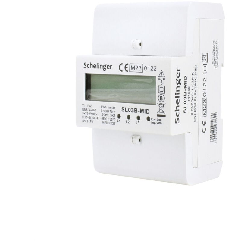 Compteur électrique triphasé mid Schelinger 100A - Rail din - IP50 - 3 modules