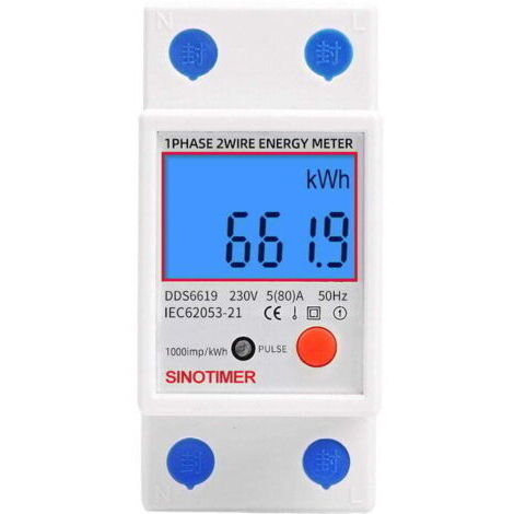 Compteur électronique monophasé multifonction - Affichage LCD rétroéclairé - Rail DIN - 5-80A 230V - Dimensions : 7.83.56.5cm