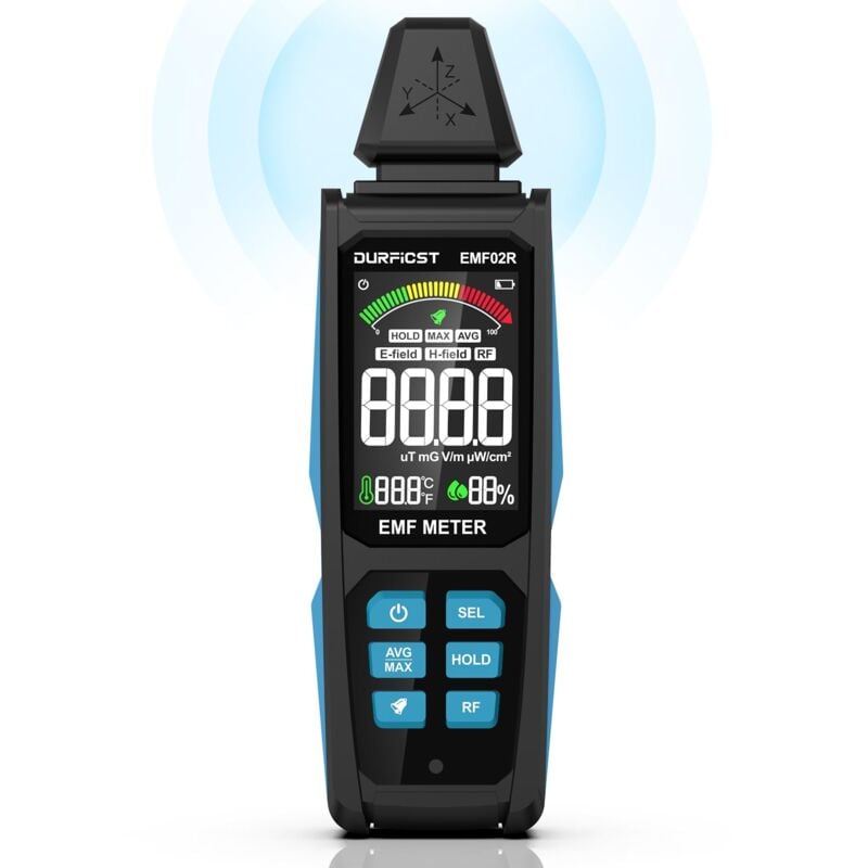 Compteur emf, durfist 5 en 1, détecteur de champ électromagnétique numérique rechargeable pour signaux ef, rf, mf et WiFi, fonctionne avec 5G, tours
