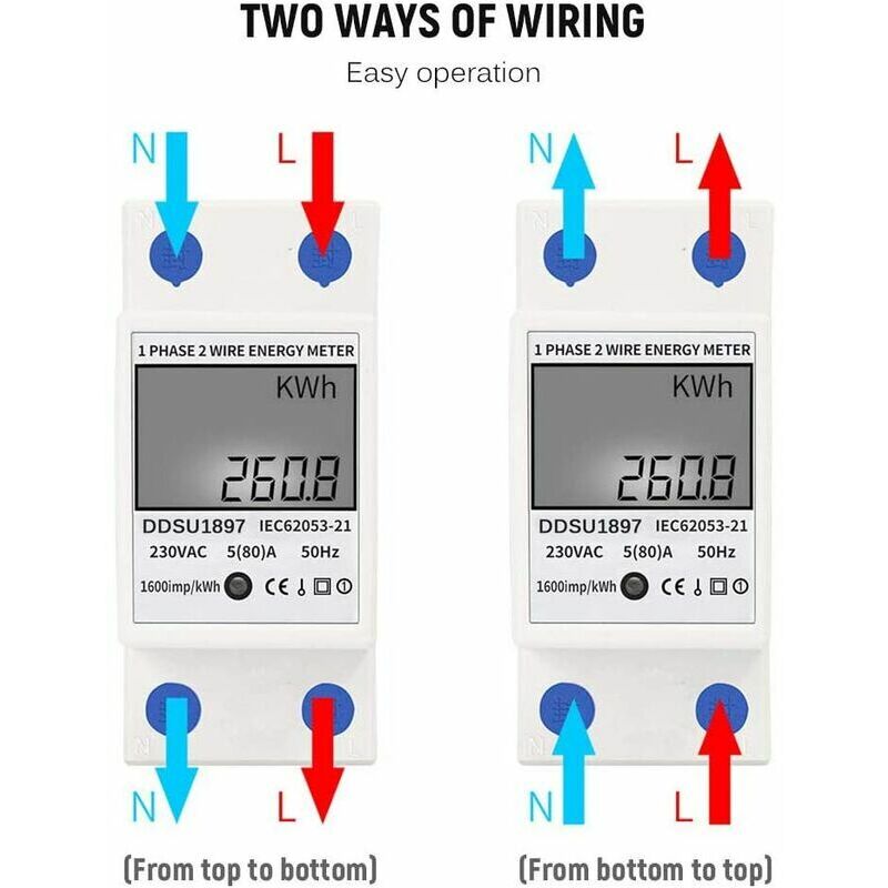 Compteur électrique Monophasé, 80A 220V Compteur d'énergie électrique Numérique Compteur d'électricité à Rail din Monophasé Compteur électrique