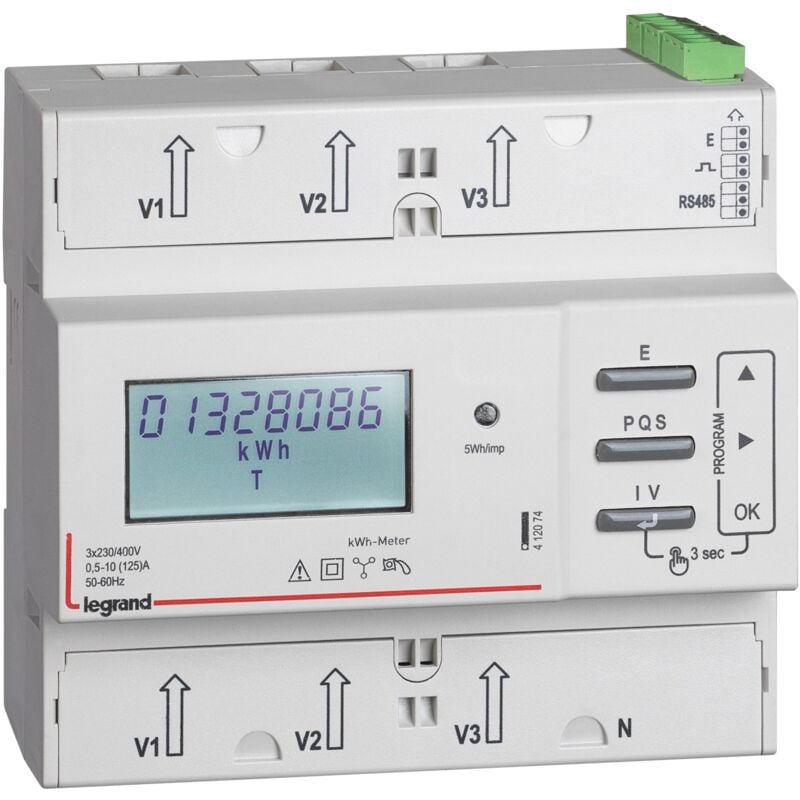 Legrand - Compteur modulaire triphasé EMDX³ non mid raccordement direct 125A 6 modules avec sortie à impulsions et RS485 412074