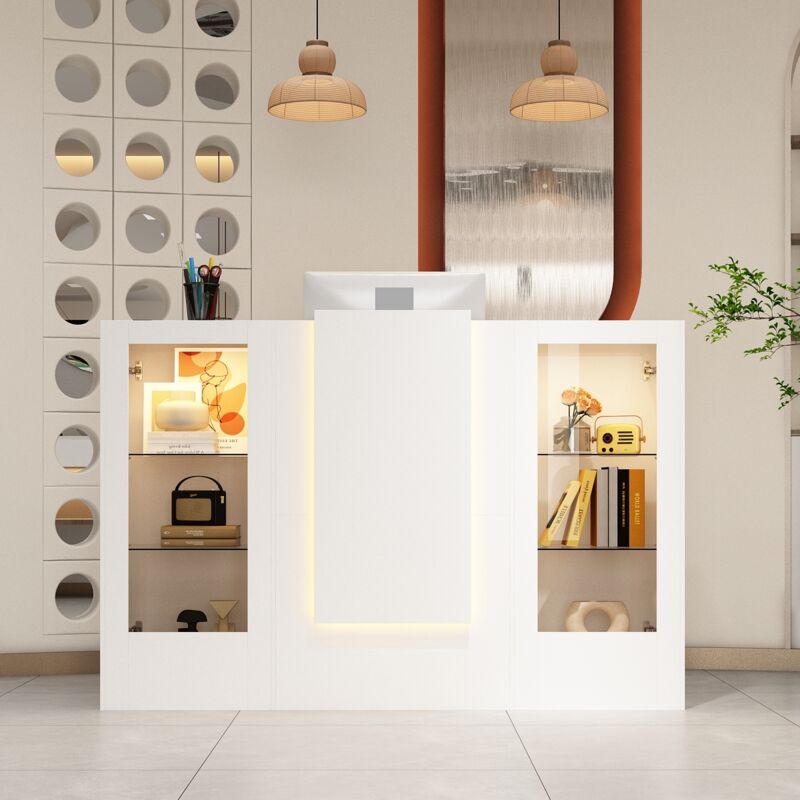 Comptoir d'accueil avec 2 armoires et 1 tiroir pour clavier, 150 x 52 x 100 cm, blanc