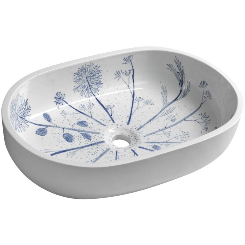 Comptoir priori lavabo en céramique 60x40 cm, blanc avec motif bleu