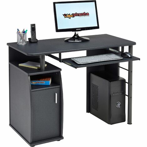 Computer and Writing Desk with Cupboard, Storage & Retractable Keyboard Shelf in Dark Walnut - Piranha Elver PC 1w