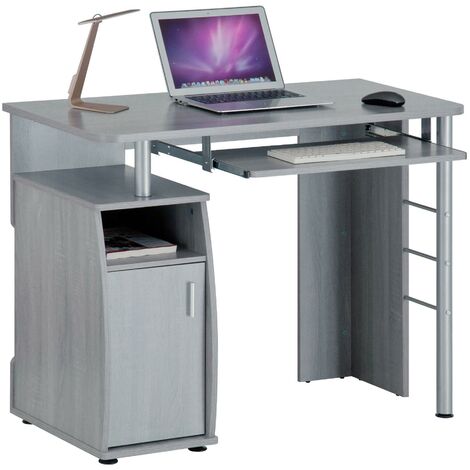 main image of "Computer and Writing Desk with Cupboard, Storage & Retractable Keyboard Shelf in Silver Grey - Piranha Furniture Elver - Silver Grey"