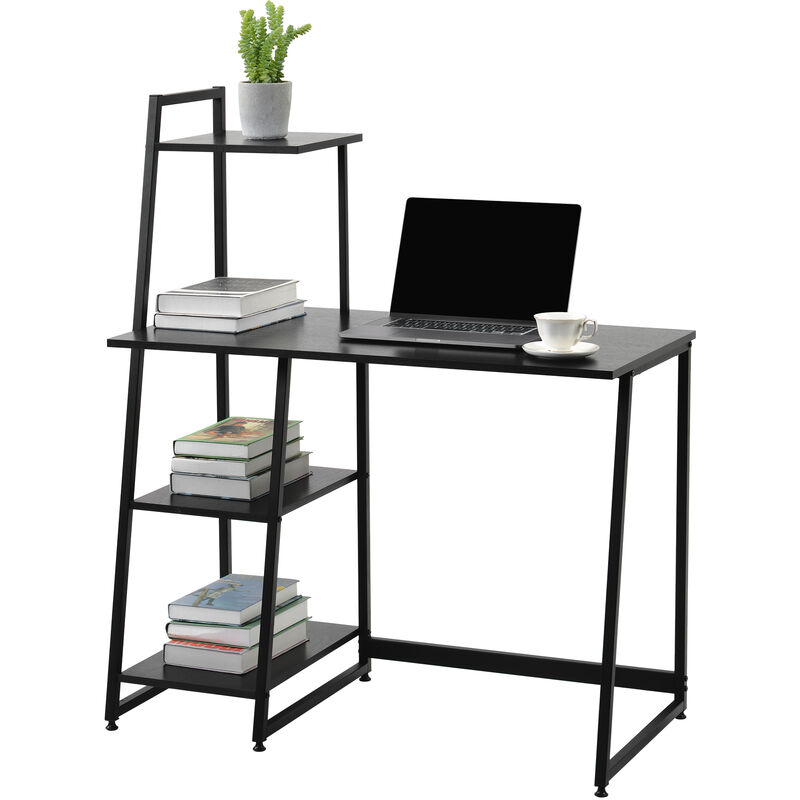 Computer Desk, Modern Wood Study Table with 3 Shelves, PC Laptop Table Workstation with Metal Frame for Home Office (Black)
