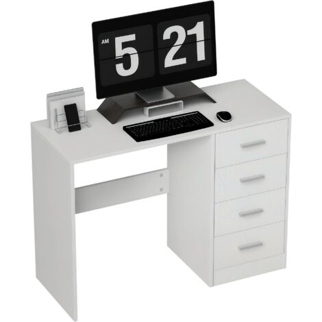 Computer Desk with Drawers, Dressing Table, High Gloss Home Office Writing Workstation, White