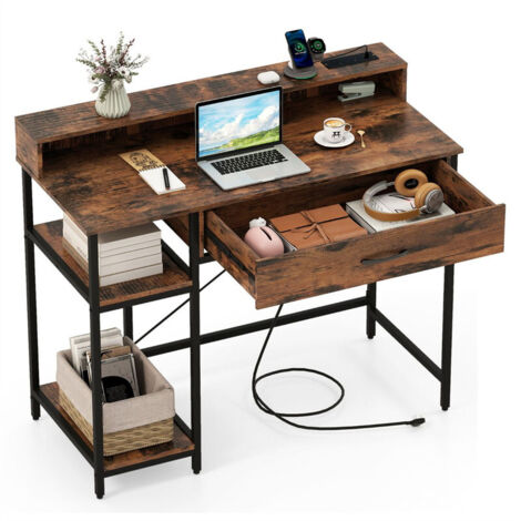 Computer Desk with Power Outlets and Top Shelf Home Office Study Writing Desk