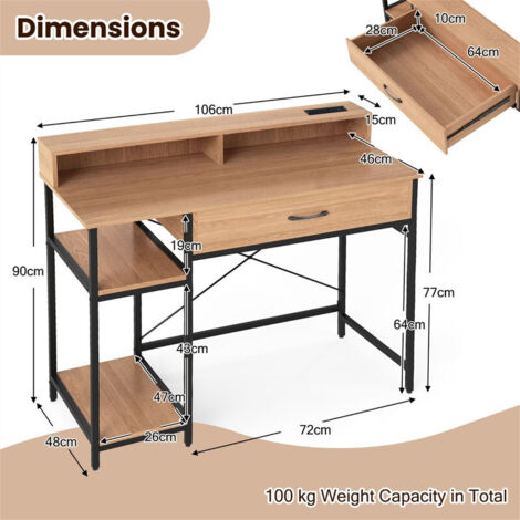 Computer Desk with Power Outlets and Top Shelf Home Office Study Writing Desk