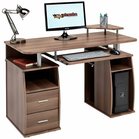 Computer Desk with Shelves, Cupboard and Drawers for Home Office in Dark Walnut Effect - Piranha Furniture Tetra PC 5w