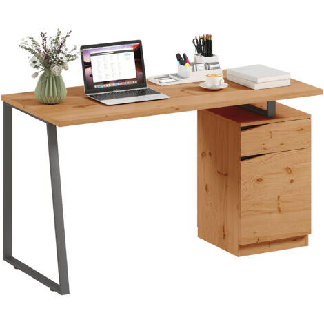 Computer Desk, Writing Desk with Cabinet, Drawer, Metal Legs, Work Table for Home Office Study, Natural Wood Finish