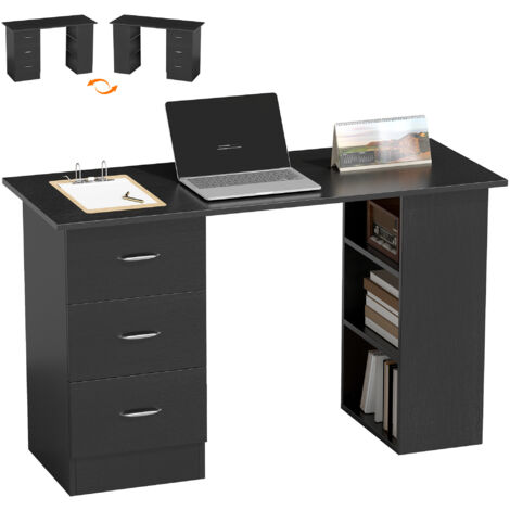 Computer Desk, Writing Table, PC Workstation with 3 Storage Shelves and Drawers, Silver Handle, for Home Office, Black