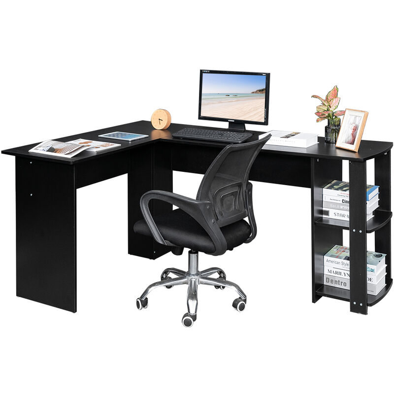 Computertisch in L-Form, Büro Eckschreibtisch aus Holz, Großer Schwarz Arbeitstisch mit 2 Ablagen und Tastaturauszug