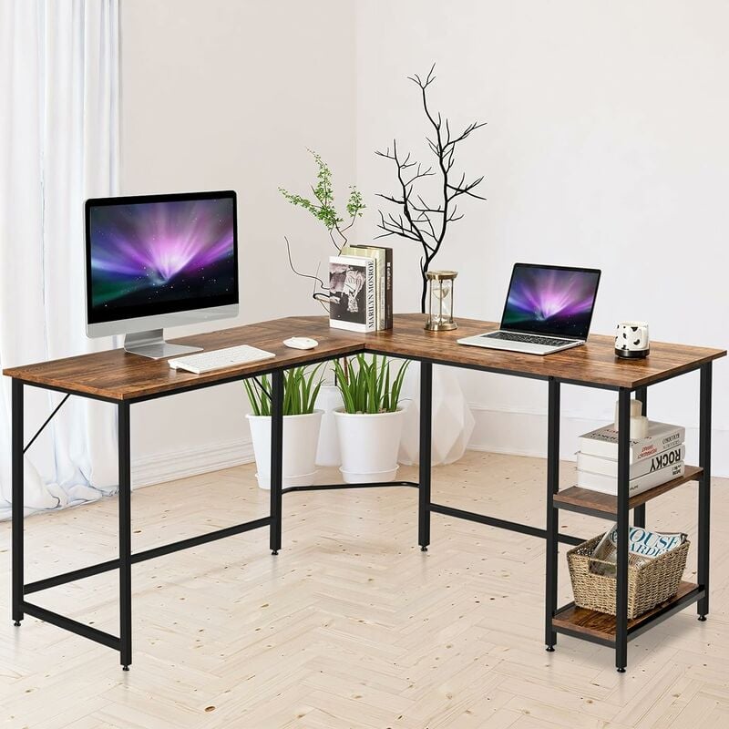 Goplus - Computertisch in L-Form, Laptoptisch mit 2 Ablagen, Schreibtisch aus Holz & Metall, Eisen-Gestell, Perfekt in der Ecke, Hoehenverstellbare