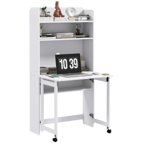 Computertisch mit Ablagefächern und klappbarer Ablage, 2 Rollen, 80 x 69 x 155 cm, weiß
