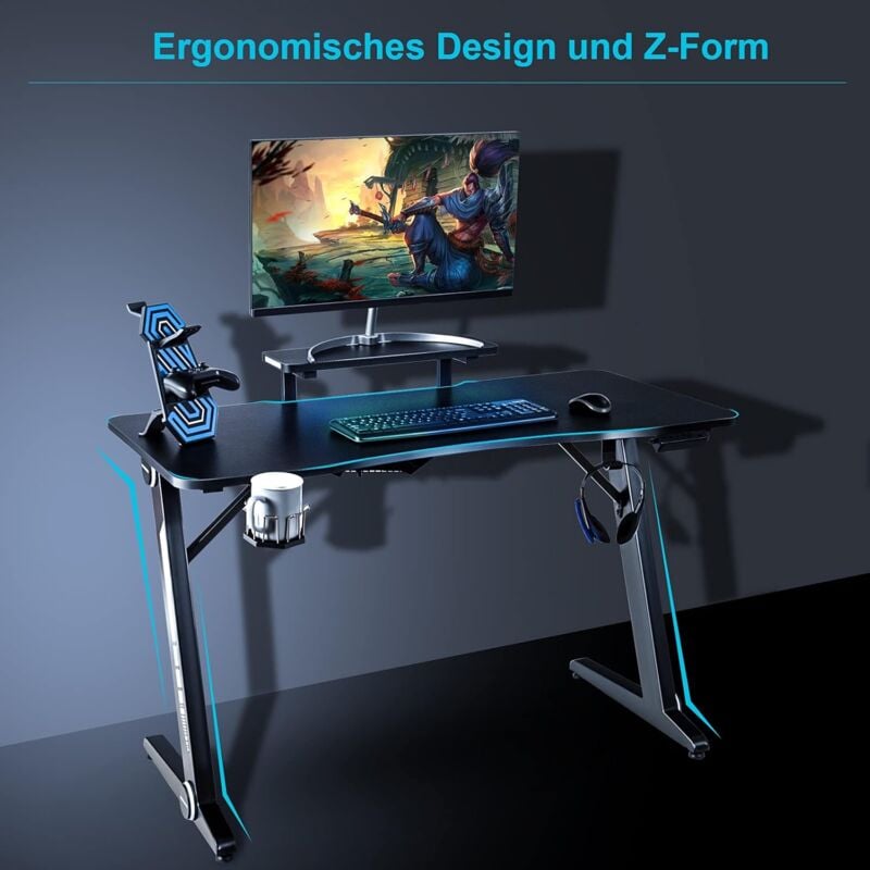 Goplus - Computertisch mit RGB Beleuchtung, Z-foermiger Schreibtisch, Ergonomischer Gaming Tisch, mit Griffhalter Steckkartenhalterung