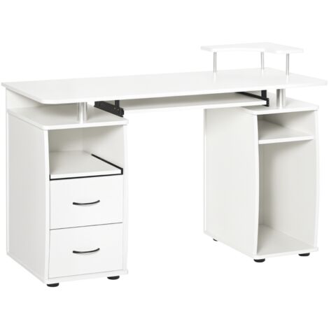 Computertisch mit Tastaturschublade, CPU-Ablage, Schubladen und Ablage für Scanner, 85 x 120 x 55 cm, weiß