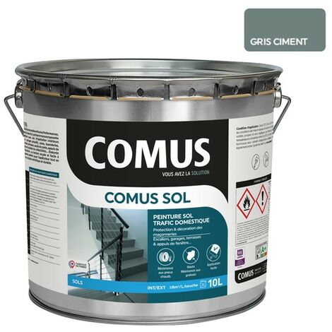 Comus – Peinture alkyde uréthane gris ciment 10L – Satin pour sols intérieurs et extérieurs – Résistance à l'abrasion – Trafic domestique