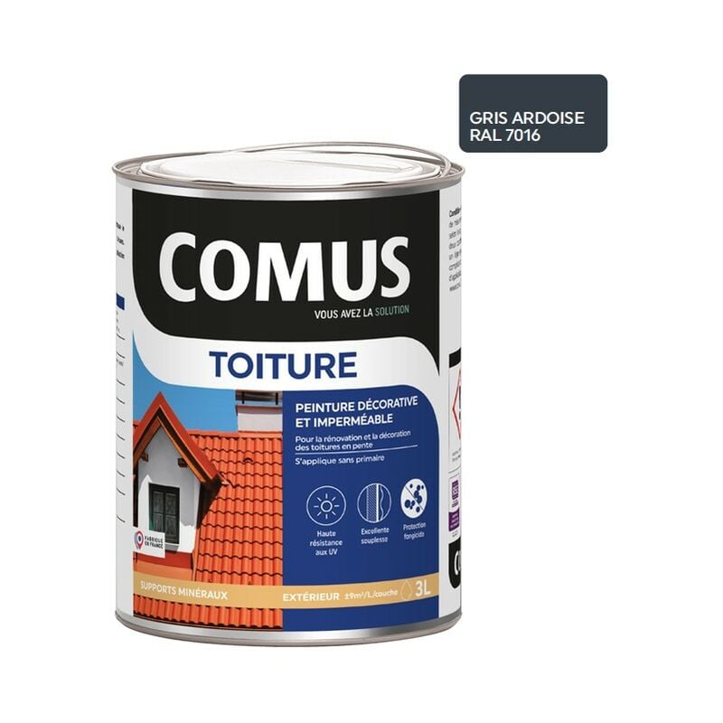 Toiture - Gris ardoise 3L - Peinture décorative imperméable pour la rénovation des toitures - Comus